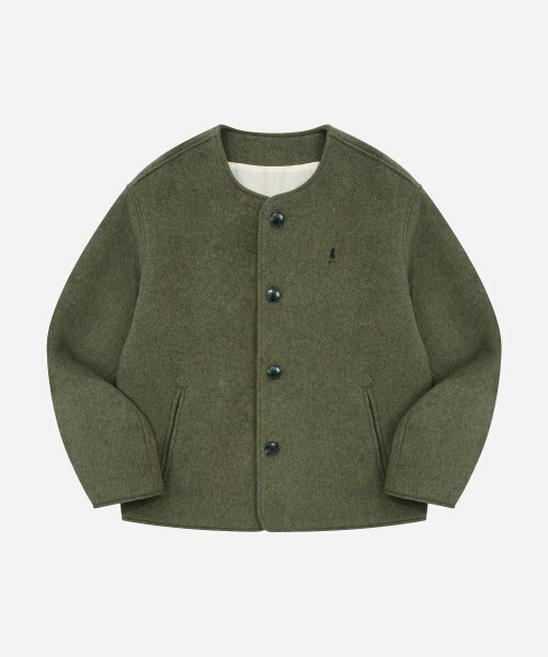 ウール4ボタンノーカラージャケットカーキ