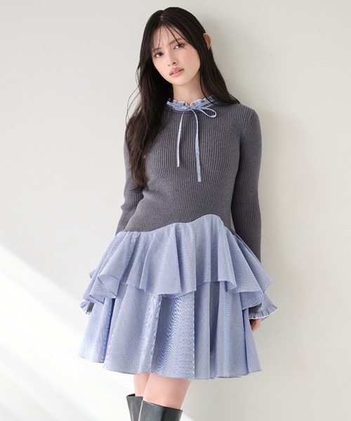 SNIDEL（スナイデル）の「Sustainableドッキングミニニットワンピース（ワンピース・レディース・オフホワイト/ブラック/ストライプ・F）」の3枚目の写真