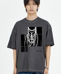 ネックレースプリンティング半袖Tシャツピグメントチャコール