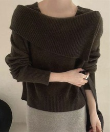 アシンメトリー ネック デザイン ニット プルオーバー