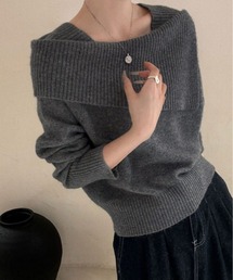 アシンメトリー ネック デザイン ニット プルオーバー