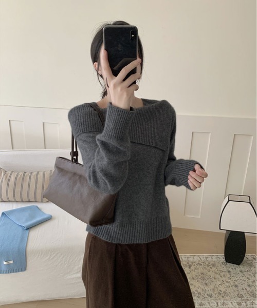 kirakiraShop(キラキラショップ)の「アシンメトリー ネック デザイン ニット プルオーバー(ニット/セーター・レディース・チャコール/ブラウン/ブラック/アイボリー・FREE)」の9枚目の写真