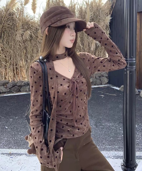 AsheKsha(アシクシャ)の「ドット柄のネックストラップ付き長袖トップス(Tシャツ/カットソー・レディース・ブラウン・M)」の10枚目の写真