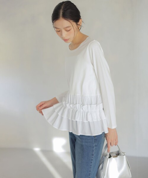 組曲 S(クミキョク チイサイサイズ)の「フリルシャツコンビ ロングTシャツ(Tシャツ/カットソー・レディース・ネイビー系/ホワイト系・S2)」の2枚目の写真