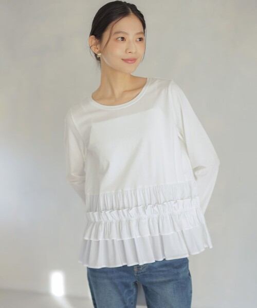 組曲 S(クミキョク チイサイサイズ)の「フリルシャツコンビ ロングTシャツ(Tシャツ/カットソー・レディース・ネイビー系/ホワイト系・S2)」の3枚目の写真