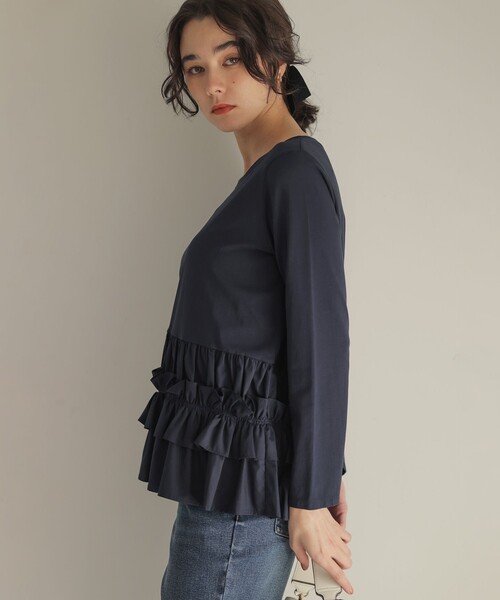 組曲 S(クミキョク チイサイサイズ)の「フリルシャツコンビ ロングTシャツ(Tシャツ/カットソー・レディース・ネイビー系/ホワイト系・S2)」の16枚目の写真