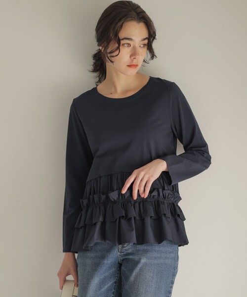 組曲 S(クミキョク チイサイサイズ)の「フリルシャツコンビ ロングTシャツ(Tシャツ/カットソー・レディース・ネイビー系/ホワイト系・S2)」の17枚目の写真