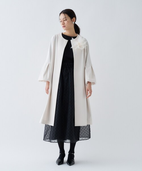 cloenc(クロエンス)の「【セットアップ/オケージョン/手洗い可】フレアスリーブミドルコート(ノーカラーコート・レディース・ネイビー/オフホワイト/ブラック・01/02/03)」の2枚目の写真
