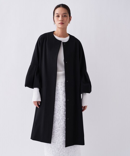 cloenc(クロエンス)の「【セットアップ/オケージョン/手洗い可】フレアスリーブミドルコート(ノーカラーコート・レディース・ネイビー/オフホワイト/ブラック・01/02/03)」の3枚目の写真