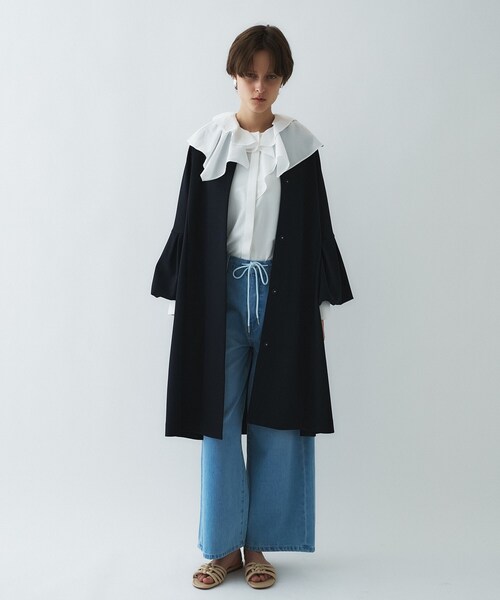 cloenc(クロエンス)の「【セットアップ/オケージョン/手洗い可】フレアスリーブミドルコート(ノーカラーコート・レディース・ネイビー/オフホワイト/ブラック・01/02/03)」の20枚目の写真