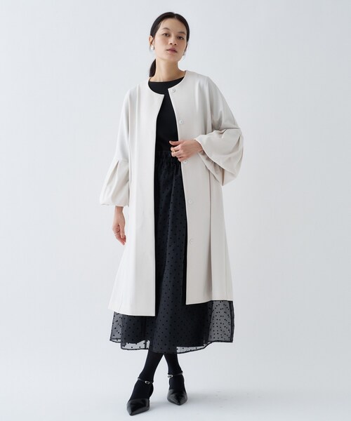 cloenc(クロエンス)の「【セットアップ/オケージョン/手洗い可】フレアスリーブミドルコート(ノーカラーコート・レディース・ネイビー/オフホワイト/ブラック・01/02/03)」の10枚目の写真