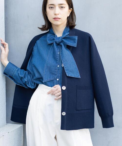 OPAQUE.CLIP（オペークドットクリップ）の「Vネックミドルニットカーディガン【洗濯機OK】（カーディガン/ボレロ・レディース・オフホワイト/ネイビー/ブルー系5/ピンク・40/38/42）」の2枚目の写真