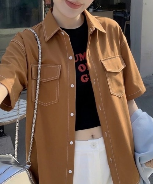 SHEPP(シープ)の「【UNISEX】ダブルフラップステッチ半袖シャツ(シャツ/ブラウス・メンズ・ブラック/ホワイト/ブラウン・M/L)」の3枚目の写真