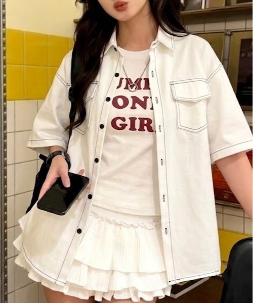 SHEPP(シープ)の「【UNISEX】ダブルフラップステッチ半袖シャツ(シャツ/ブラウス・メンズ・ブラック/ホワイト/ブラウン・M/L)」の1枚目の写真