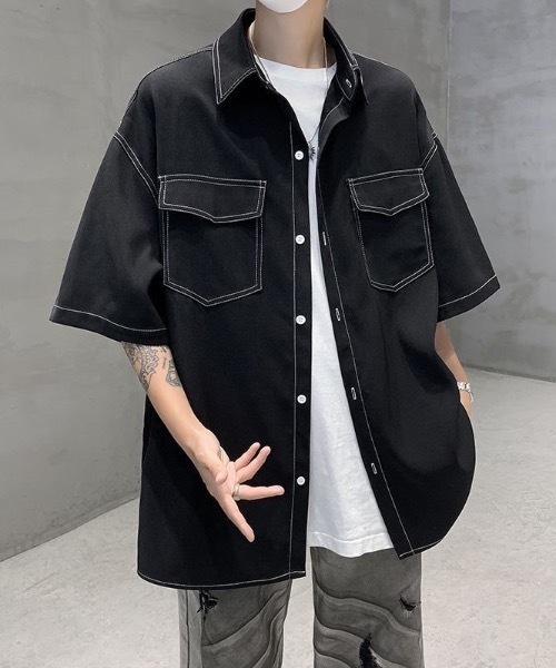 SHEPP(シープ)の「【UNISEX】ダブルフラップステッチ半袖シャツ(シャツ/ブラウス・メンズ・ブラック/ホワイト/ブラウン・M/L)」の6枚目の写真
