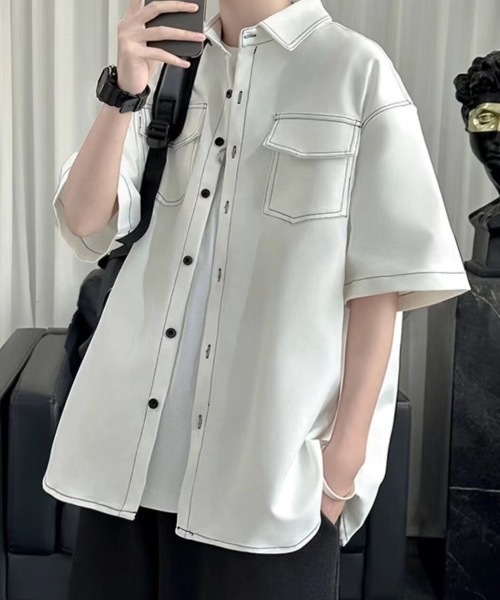 SHEPP(シープ)の「【UNISEX】ダブルフラップステッチ半袖シャツ(シャツ/ブラウス・メンズ・ブラック/ホワイト/ブラウン・M/L)」の4枚目の写真