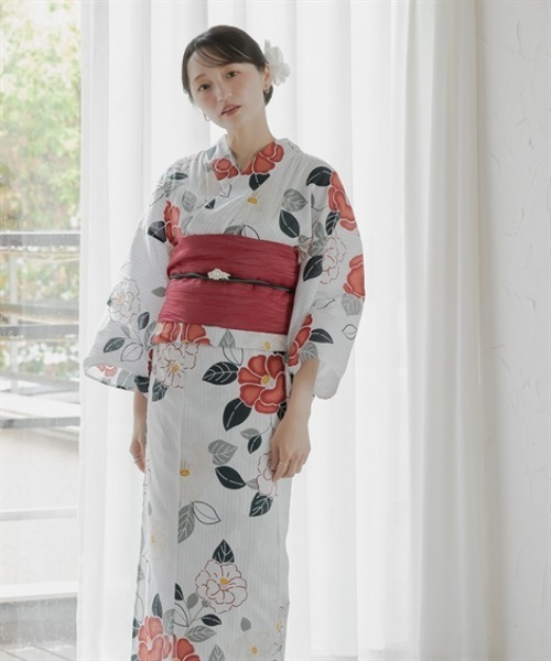 Petitjo(プッチージョ)の「小さいサイズ 花柄綿100%浴衣2点セット (浴衣+兵児帯) 低身長さん・小柄女性(浴衣・レディース・レッド・FREE)」の2枚目の写真