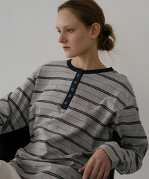 Henley neck stripe longsleeve T-shirt [KNSS05TS02]_Melange gray