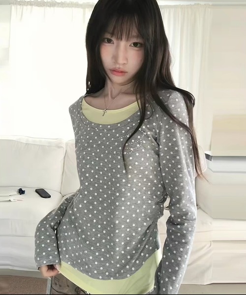 セール】長袖の水玉柄トップス（Tシャツ/カットソー）｜AsheKsha