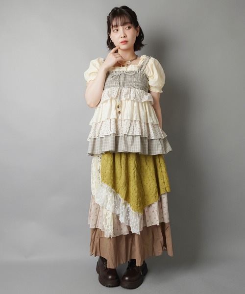 SPINNS(スピンズ)の「異素材ロングスカート/ドッキングドット/NEO森ガール(スカート・レディース・グリーン系その他・ONESIZE)」の4枚目の写真