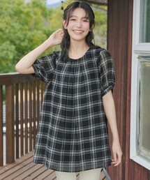 シフォンチェックパフスリーブチュニック