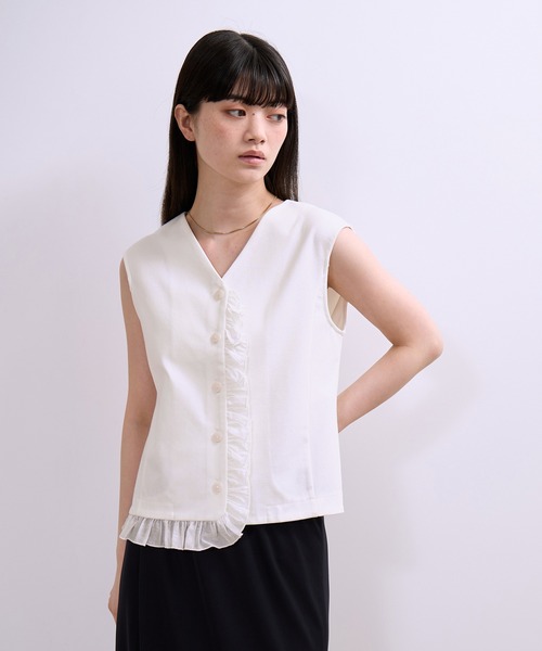 ADAM ET ROPE'（アダムエロペ）の「【WEB限定】・【定番】ラッフルコンビスリーブレストップス（Tシャツ/カットソー・レディース・ブラック/ブラック系その他2/ホワイト・FREE）」の22枚目の写真