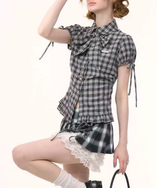 AsRiRe(アスリレイ)の「26ss ハートボタン/チェック柄リボン柄半袖(シャツ/ブラウス・レディース・ブラック・M)」の6枚目の写真