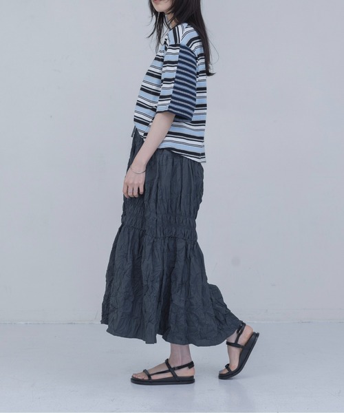 Eimee Law(エイミーロウ)の「ボーダーパッチワーク エンブロクロップドTシャツ(Tシャツ/カットソー・レディース・ボルドー/カーキ/サックスブルー・FREE)」の21枚目の写真