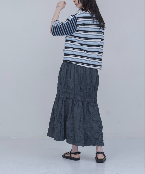 Eimee Law(エイミーロウ)の「ボーダーパッチワーク エンブロクロップドTシャツ(Tシャツ/カットソー・レディース・ボルドー/カーキ/サックスブルー・FREE)」の20枚目の写真