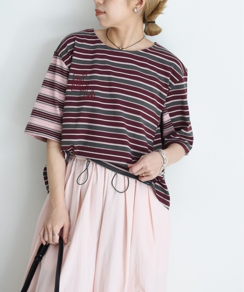 Eimee Law(エイミーロウ)の「ボーダーパッチワーク エンブロクロップドTシャツ(Tシャツ/カットソー・レディース・ボルドー/カーキ/サックスブルー・FREE)」の6枚目の写真