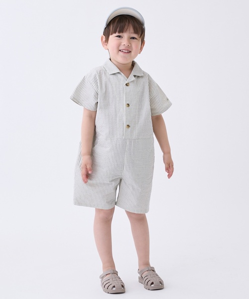 petit main(プティマイン)の「布帛開衿シャツカバーオール(サロペット/オーバーオール・キッズ・ストライプ/ネイビー・M(100-110cm)/S(80-90cm))」の2枚目の写真