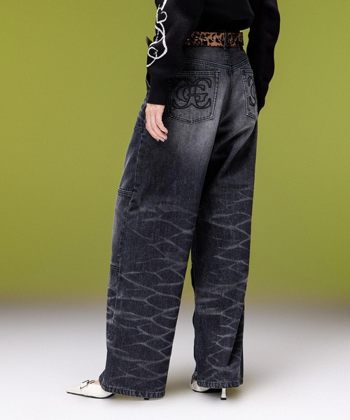 X-girl（エックスガール）の「FADED WIDE LEG FLARE DENIM PANTS（デニムパンツ・レディース・ブラック/インディゴブルー・S/M）」の3枚目の写真