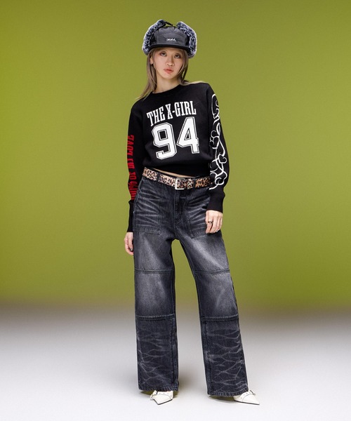 X-girl（エックスガール）の「FADED WIDE LEG FLARE DENIM PANTS（デニムパンツ・レディース・ブラック/インディゴブルー・S/M）」の5枚目の写真