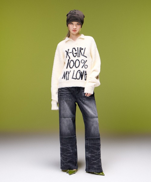 X-girl（エックスガール）の「FADED WIDE LEG FLARE DENIM PANTS（デニムパンツ・レディース・ブラック/インディゴブルー・S/M）」の7枚目の写真