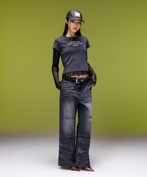 X-girl（エックスガール）の「FADED WIDE LEG FLARE DENIM PANTS（デニムパンツ・レディース・ブラック/インディゴブルー・S/M）」の9枚目の写真