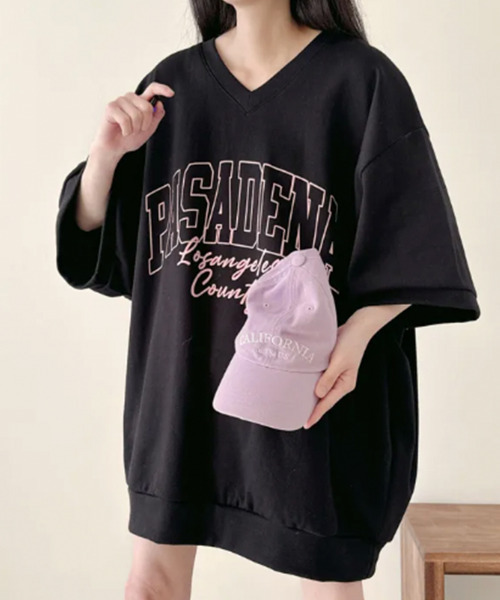 VIVID LADY(ビビッドレディー)の「カレッジロゴ Vネック 半袖スウェット(Tシャツ/カットソー・レディース・ライトグレー/グレー/ブラック・FREE)」の13枚目の写真