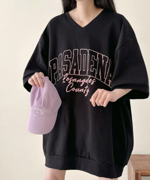 VIVID LADY(ビビッドレディー)の「カレッジロゴ Vネック 半袖スウェット(Tシャツ/カットソー・レディース・ライトグレー/グレー/ブラック・FREE)」の15枚目の写真