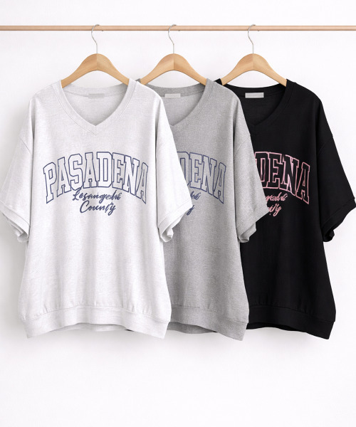 VIVID LADY(ビビッドレディー)の「カレッジロゴ Vネック 半袖スウェット(Tシャツ/カットソー・レディース・ライトグレー/グレー/ブラック・FREE)」の16枚目の写真