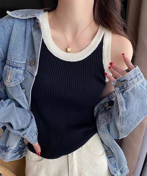 HALEY PESCA(ヘーリーペスカ)の「HALEY PESCA/配色バイカラー リブニットタンクトップ(タンクトップ・レディース・グレー/グリーン/グレイッシュベージュ/ブラック・FREE)」の2枚目の写真