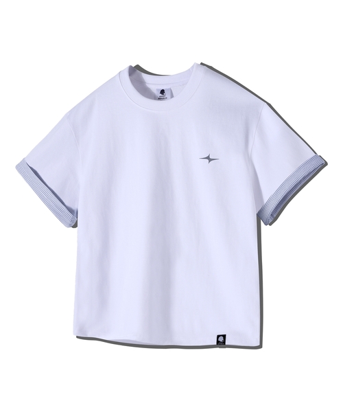 GHOST REPUBLIC(ゴーストリパブリック)の「クロップストライプ配色ロールアップ半袖Tシャツ GT-392_ホワイト(Tシャツ/カットソー・レディース・ホワイト・X-LARGE/LARGE/MEDIUM)」の1枚目の写真