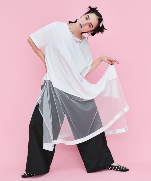 manana suerte(マニャーナスエルテ)の「チュール切替Tシャツ(Tシャツ/カットソー・レディース・ホワイト/ブラック・FREE)」の1枚目の写真