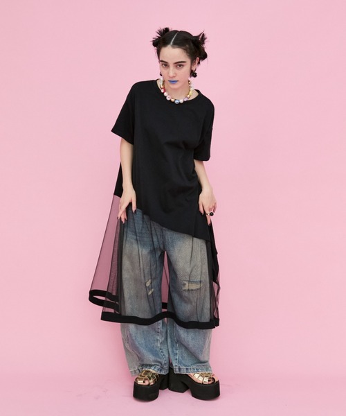 manana suerte(マニャーナスエルテ)の「チュール切替Tシャツ(Tシャツ/カットソー・レディース・ホワイト/ブラック・FREE)」の4枚目の写真