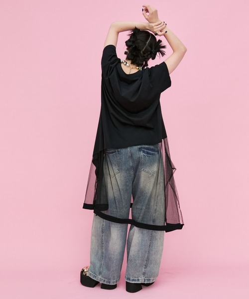 manana suerte(マニャーナスエルテ)の「チュール切替Tシャツ(Tシャツ/カットソー・レディース・ホワイト/ブラック・FREE)」の6枚目の写真