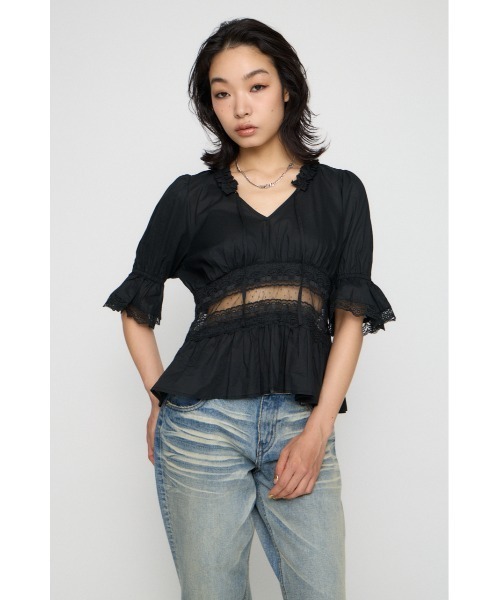 LAGUA GEM(ラグアジェム)の「PUFF SLEEVE AIRY トップス(シャツ/ブラウス・レディース・ホワイト/ブラック・FREE)」の4枚目の写真