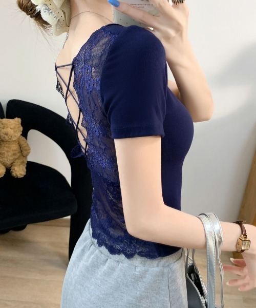 GEMEDA(ジェメダ)の「バックレースアップ シアーレース切替 半袖トップス(Tシャツ/カットソー・レディース・ネイビー/ホワイト/ブラック・M)」の4枚目の写真