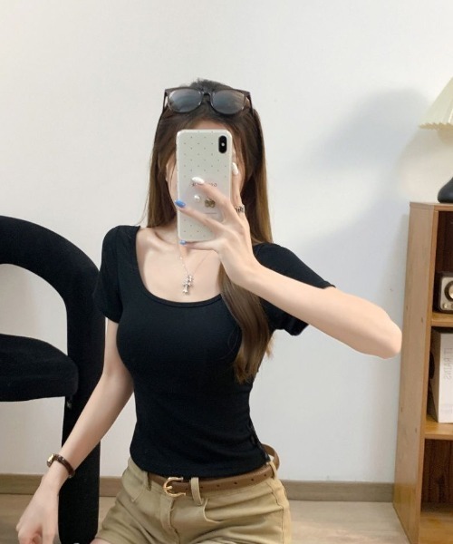 GEMEDA(ジェメダ)の「バックレースアップ シアーレース切替 半袖トップス(Tシャツ/カットソー・レディース・ネイビー/ホワイト/ブラック・M)」の5枚目の写真