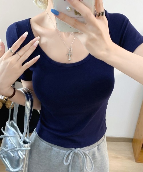 GEMEDA(ジェメダ)の「バックレースアップ シアーレース切替 半袖トップス(Tシャツ/カットソー・レディース・ネイビー/ホワイト/ブラック・M)」の8枚目の写真