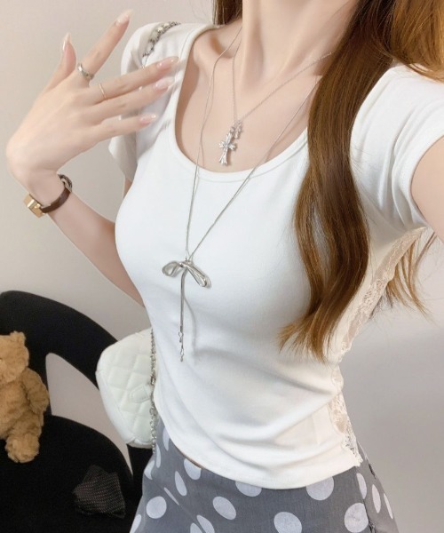 GEMEDA(ジェメダ)の「バックレースアップ シアーレース切替 半袖トップス(Tシャツ/カットソー・レディース・ネイビー/ホワイト/ブラック・M)」の10枚目の写真