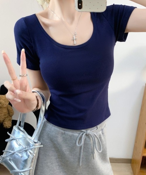 GEMEDA(ジェメダ)の「バックレースアップ シアーレース切替 半袖トップス(Tシャツ/カットソー・レディース・ネイビー/ホワイト/ブラック・M)」の12枚目の写真