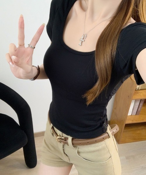 GEMEDA(ジェメダ)の「バックレースアップ シアーレース切替 半袖トップス(Tシャツ/カットソー・レディース・ネイビー/ホワイト/ブラック・M)」の13枚目の写真